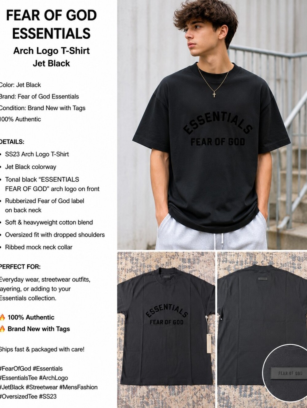 Fear of God Essentials Jet Black Tonal Logo T-Shirt NWT